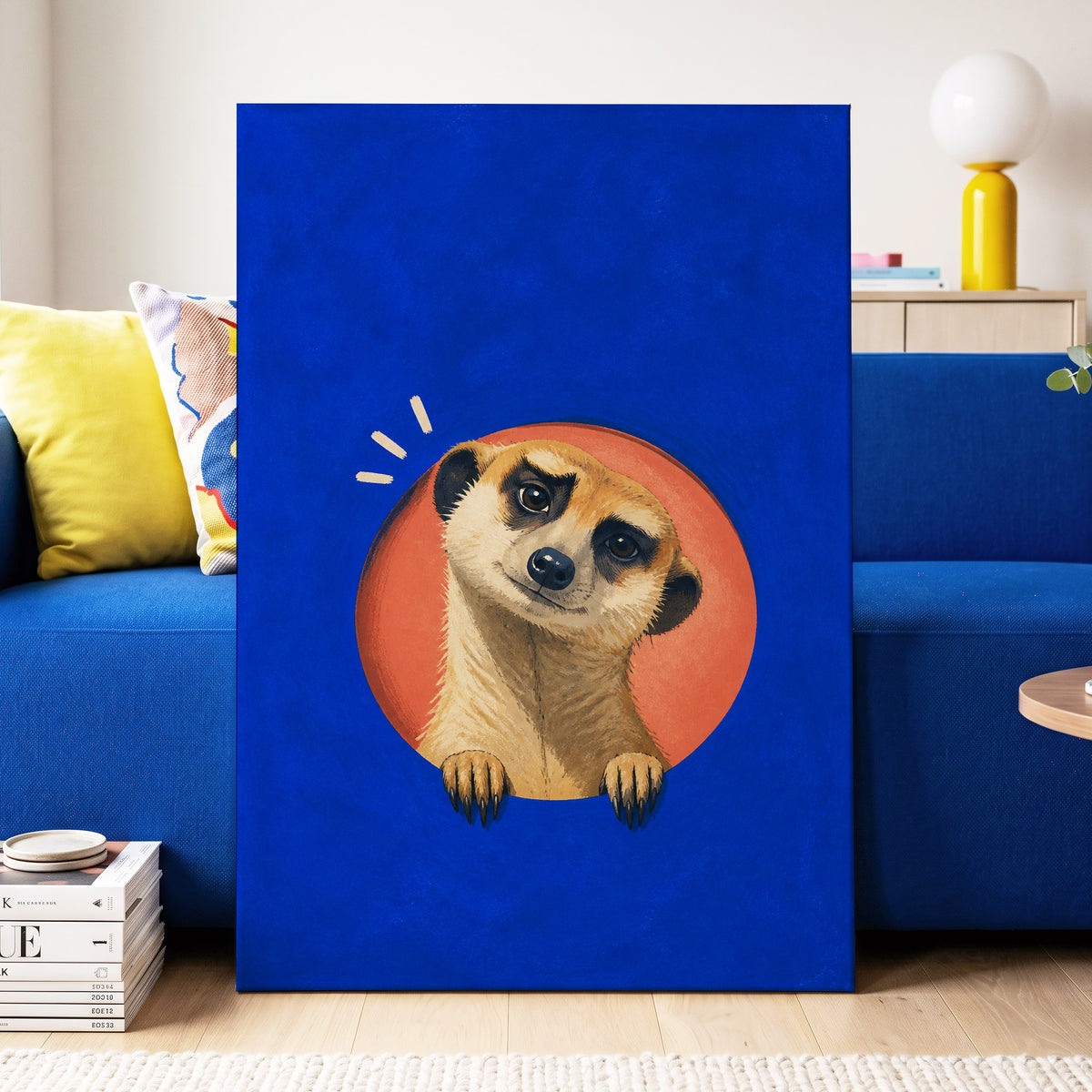 The Curious Lookout, blue, orange, beige nature wall art displayed in a styled interior, gallery view 7