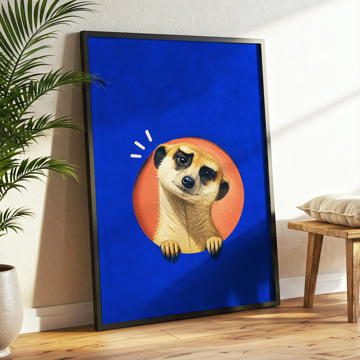 The Curious Lookout, blue, orange, beige nature wall art displayed in a styled interior, gallery view 9