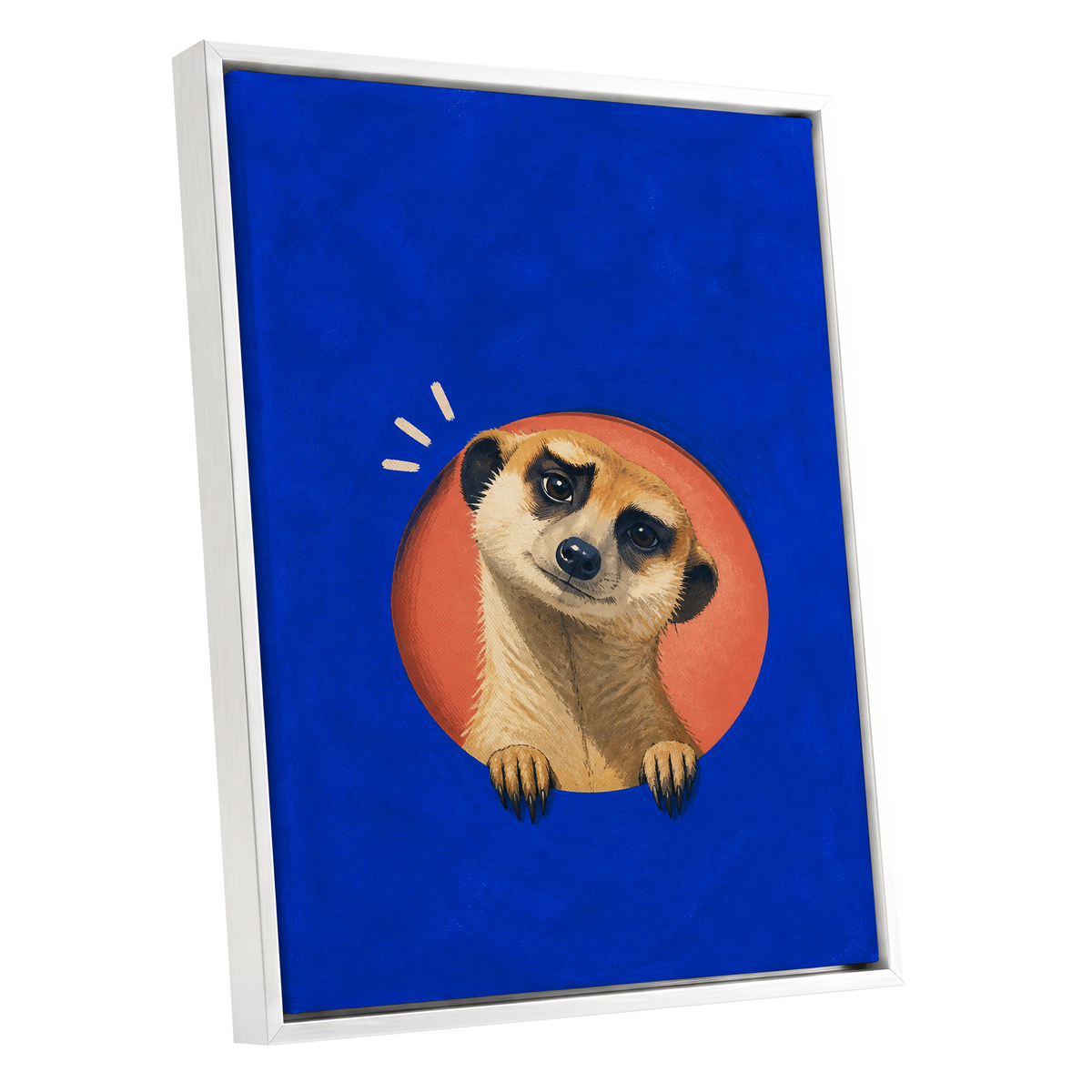 The Curious Lookout, blue, orange, beige nature wall art shown as a white framed canvas wall art