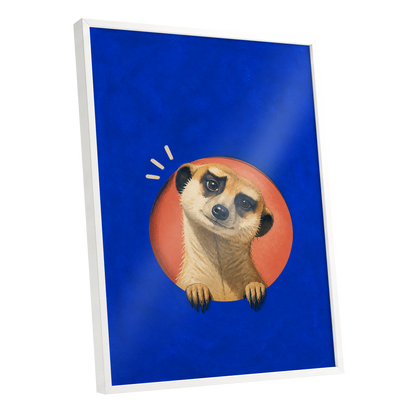 The Curious Lookout, blue, orange, beige nature wall art shown as a white framed poster wall art print