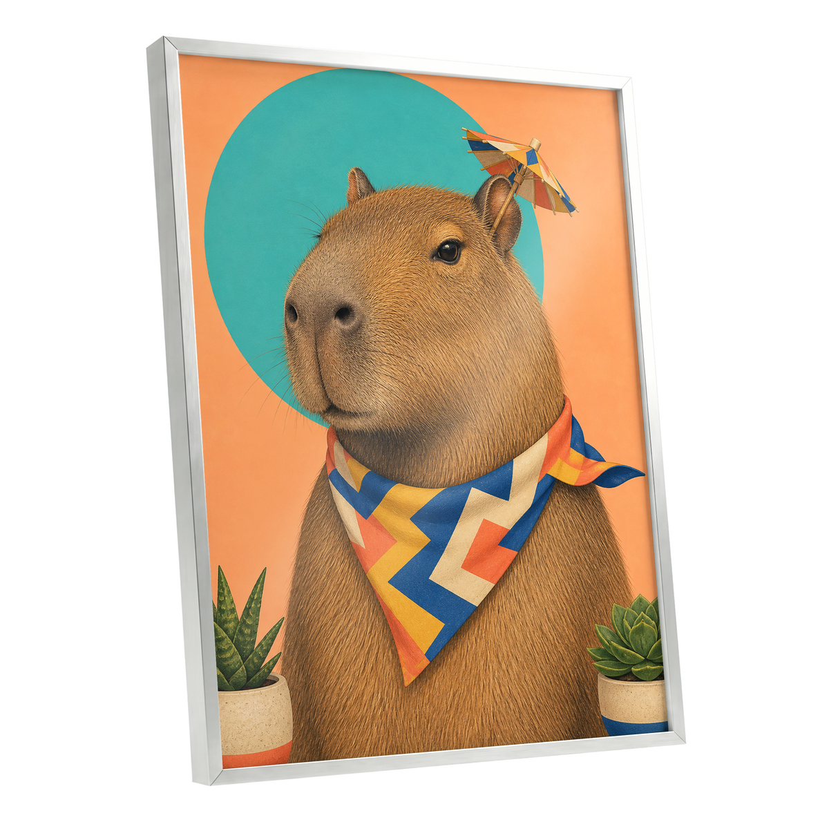 The Dapper Capybara, brown, orange, blue nature wall art shown as a silver framed poster wall art print