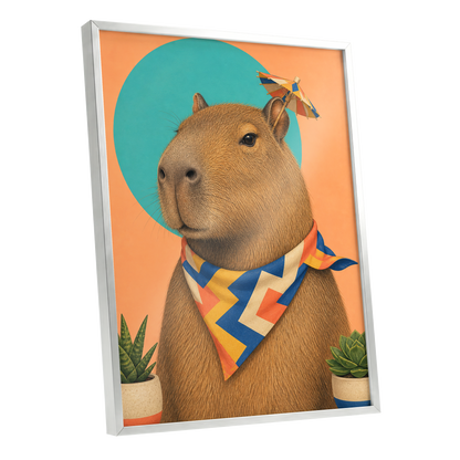 The Dapper Capybara, brown, orange, blue nature wall art shown as a silver framed poster wall art print