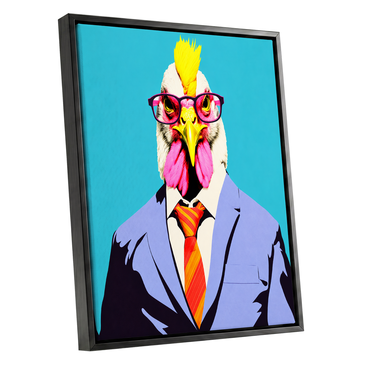 The Dapper Cockerel, blue, pink, yellow nature wall art shown as a black framed canvas wall art