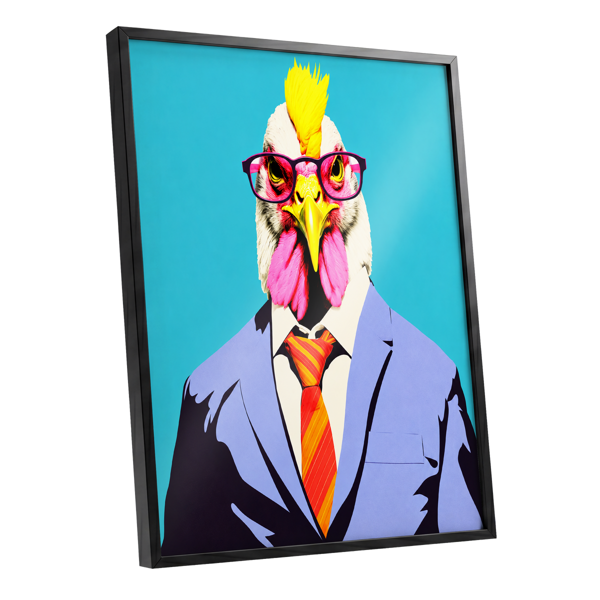 The Dapper Cockerel, blue, pink, yellow nature wall art shown as a black framed poster wall art print