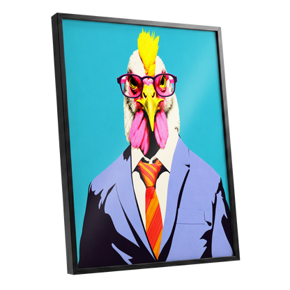 The Dapper Cockerel, blue, pink, yellow nature wall art shown as a black framed poster wall art print