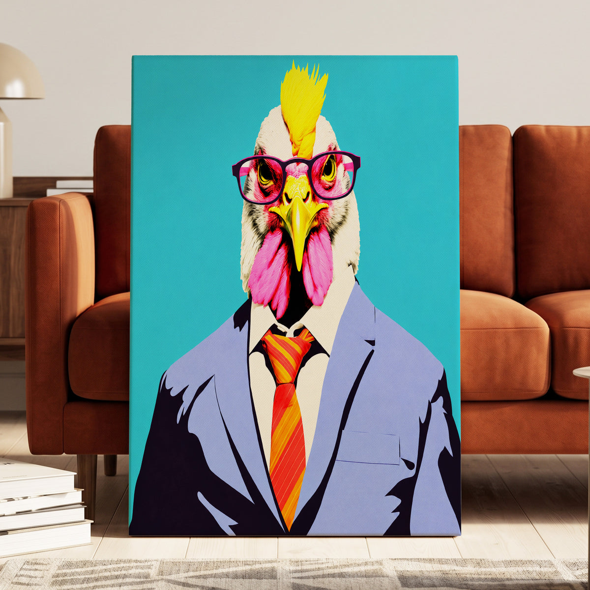 The Dapper Cockerel, blue, pink, yellow nature wall art on canvas displayed in a styled interior, gallery view 1