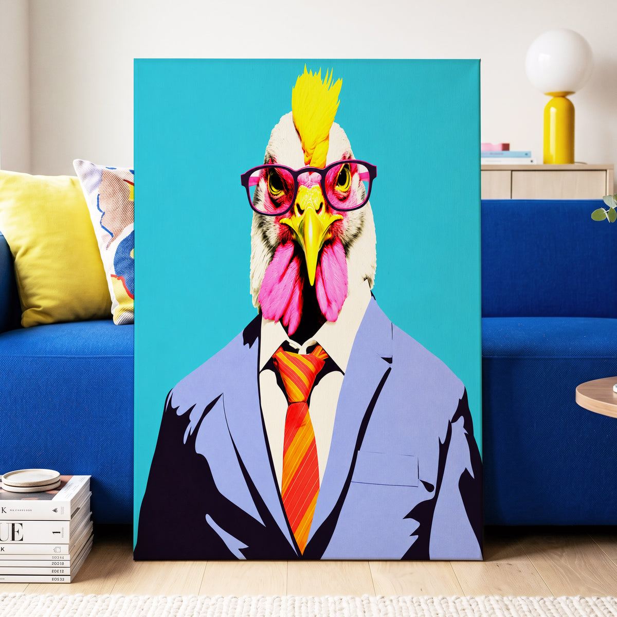 The Dapper Cockerel, blue, pink, yellow nature wall art on canvas displayed in a styled interior, gallery view 2