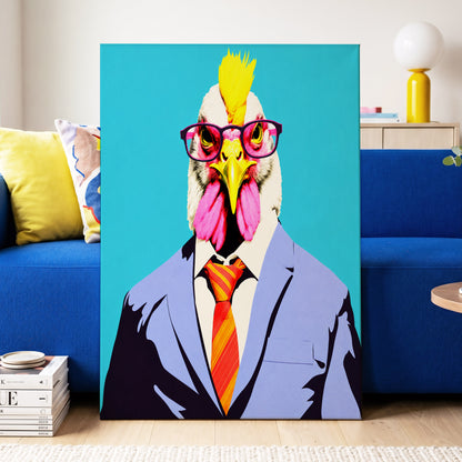 The Dapper Cockerel, blue, pink, yellow nature wall art on canvas displayed in a styled interior, gallery view 2