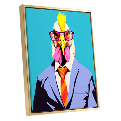 The Dapper Cockerel, blue, pink, yellow nature wall art shown as a gold framed canvas wall art