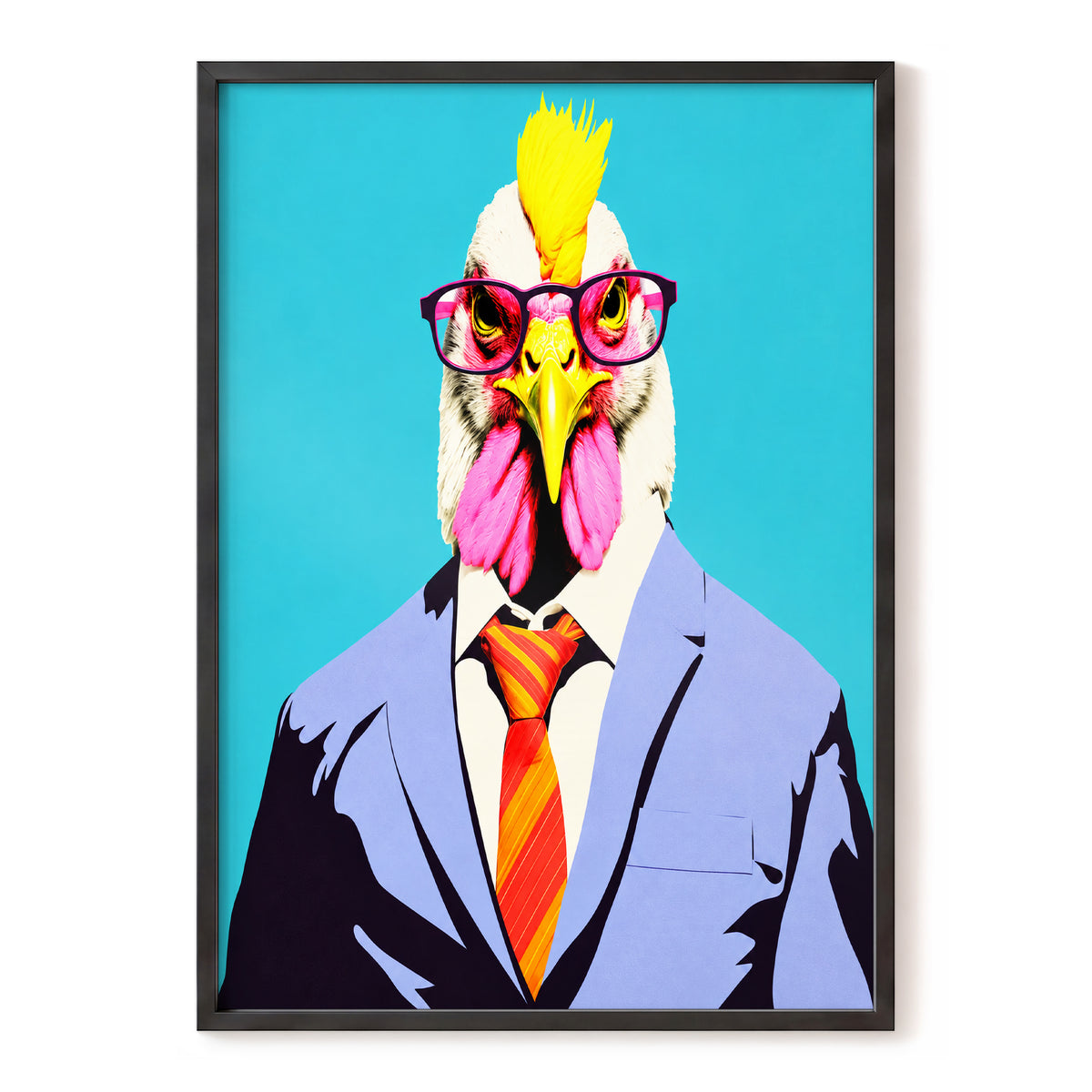 The Dapper Cockerel, blue, pink, yellow nature wall art, front artwork view