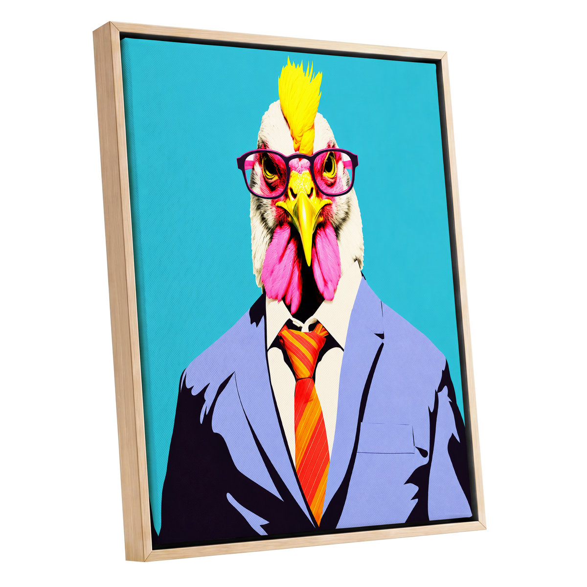 The Dapper Cockerel, blue, pink, yellow nature wall art shown as a oak framed canvas wall art
