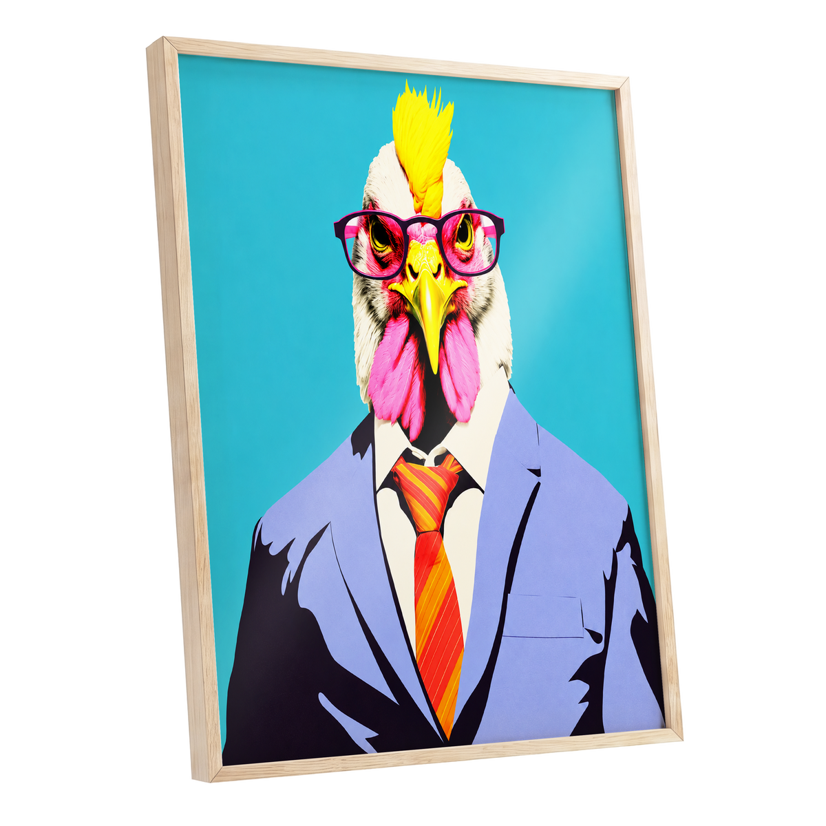The Dapper Cockerel, blue, pink, yellow nature wall art shown as a oak framed poster wall art print