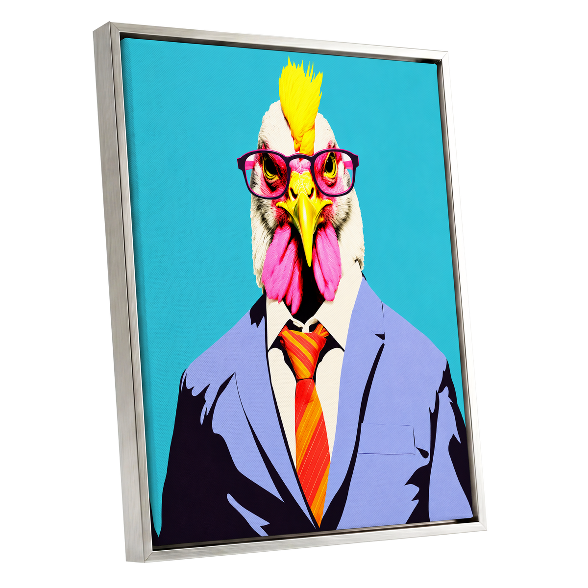 The Dapper Cockerel, blue, pink, yellow nature wall art shown as a silver framed canvas wall art