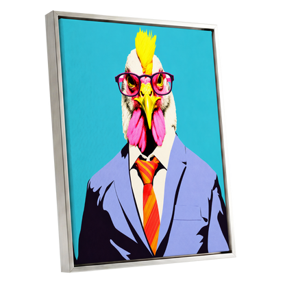 The Dapper Cockerel, blue, pink, yellow nature wall art shown as a silver framed canvas wall art