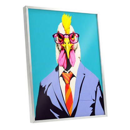 The Dapper Cockerel, blue, pink, yellow nature wall art shown as a silver framed poster wall art print