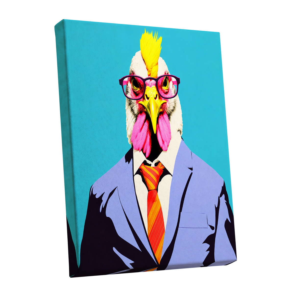 The Dapper Cockerel, blue, pink, yellow nature wall art shown as a stretched canvas wall art