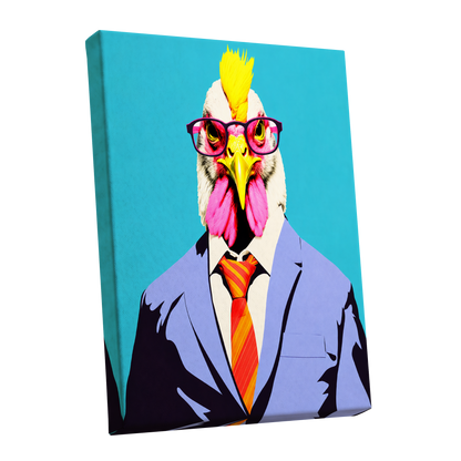 The Dapper Cockerel, blue, pink, yellow nature wall art shown as a stretched canvas wall art