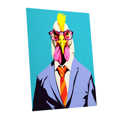 The Dapper Cockerel, blue, pink, yellow nature wall art shown as a unframed poster wall art print
