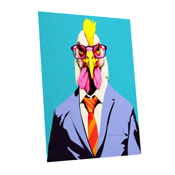 The Dapper Cockerel, blue, pink, yellow nature wall art shown as a unframed poster wall art print