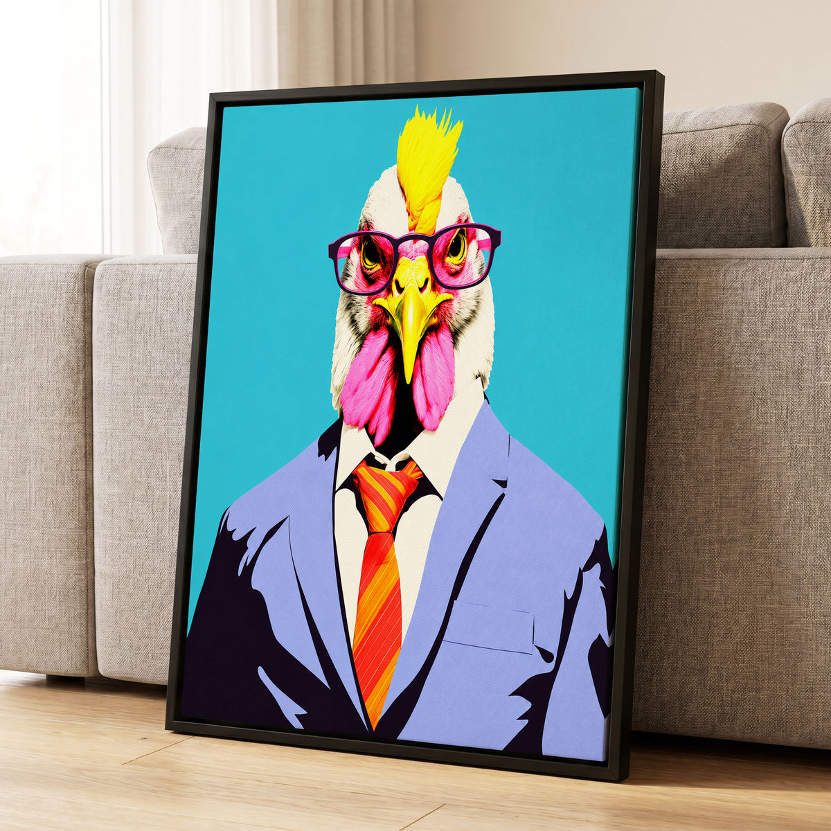 The Dapper Cockerel, blue, pink, yellow nature wall art displayed in a styled interior, gallery view 1
