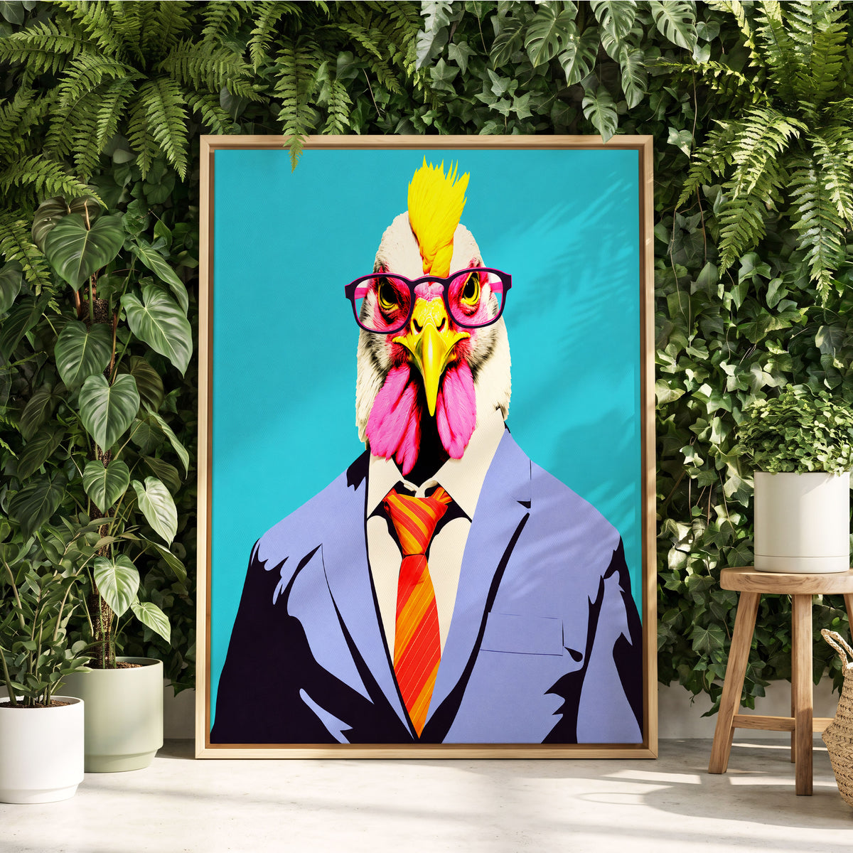 The Dapper Cockerel, blue, pink, yellow nature wall art displayed in a styled interior, gallery view 2