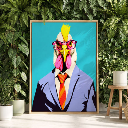 The Dapper Cockerel, blue, pink, yellow nature wall art displayed in a styled interior, gallery view 2