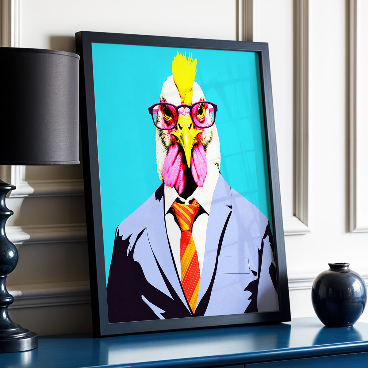 The Dapper Cockerel, blue, pink, yellow nature wall art displayed in a styled interior, gallery view 3