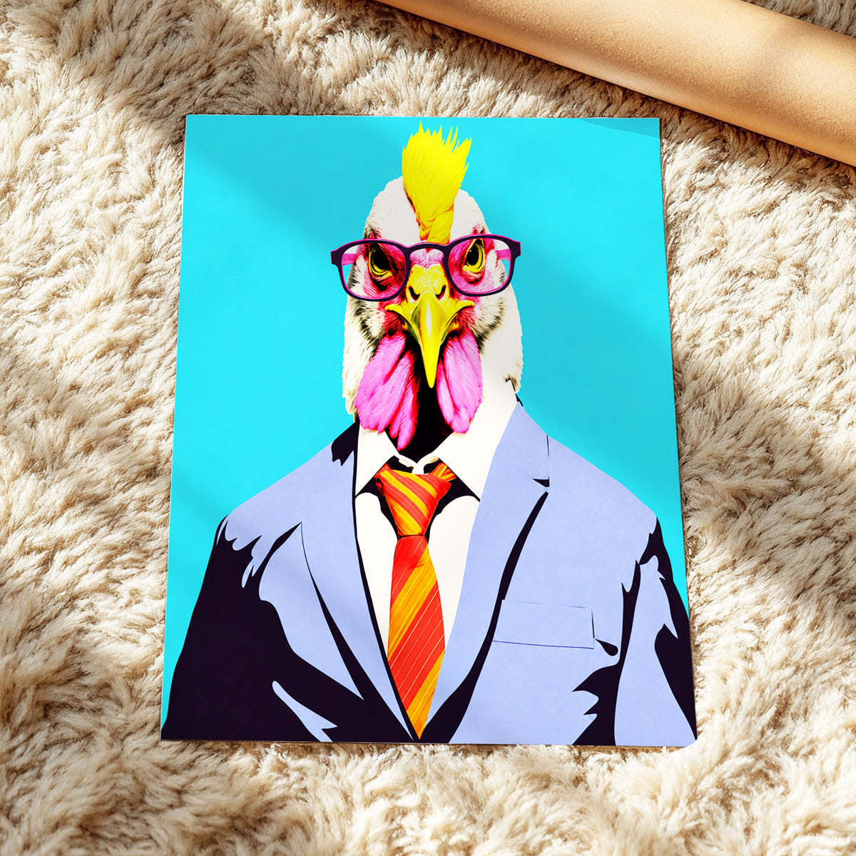 The Dapper Cockerel, blue, pink, yellow nature wall art displayed in a styled interior, gallery view 4