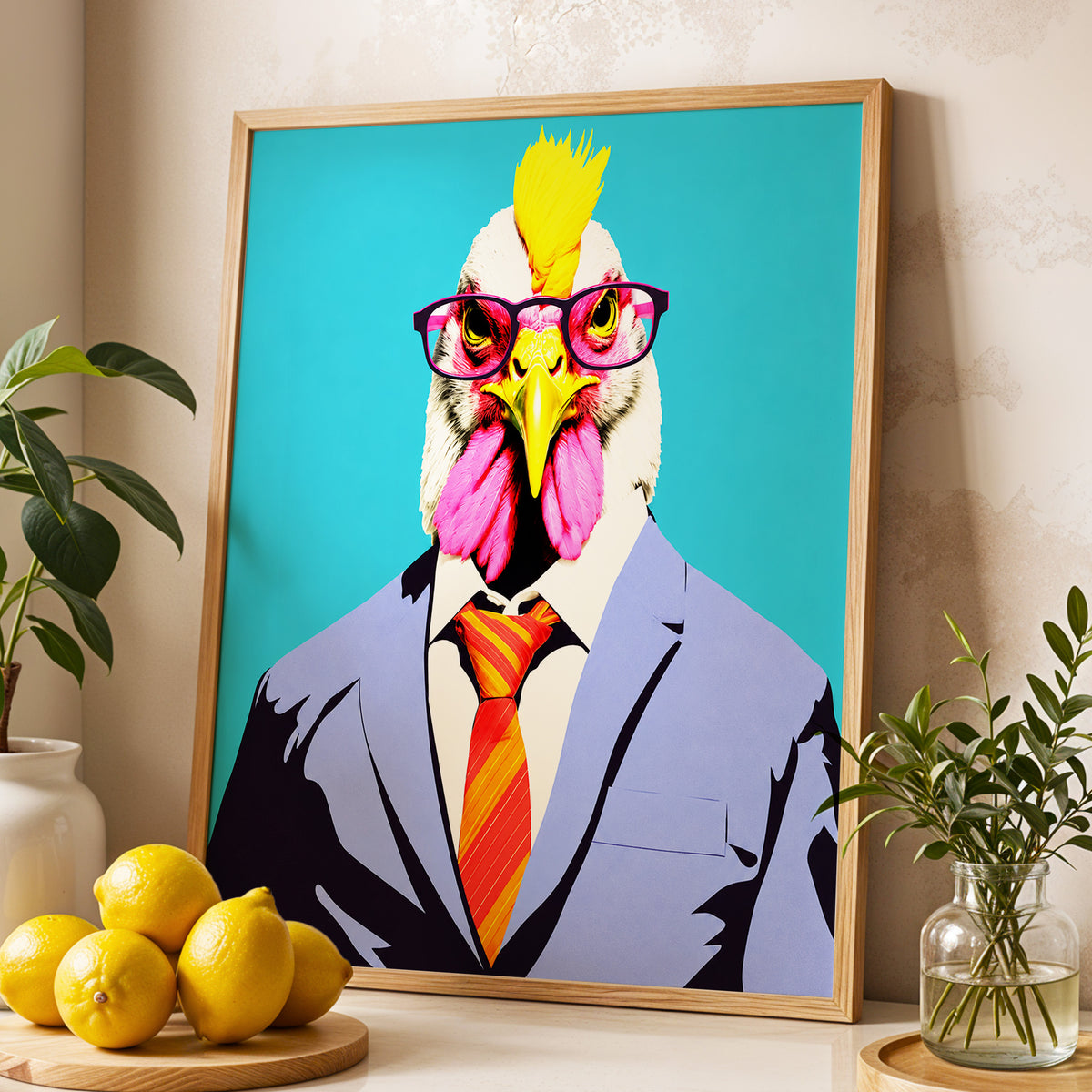 The Dapper Cockerel, blue, pink, yellow nature wall art displayed in a styled interior, gallery view 5