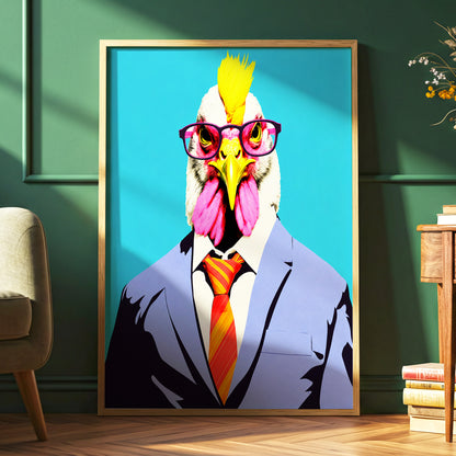 The Dapper Cockerel, blue, pink, yellow nature wall art displayed in a styled interior, gallery view 6