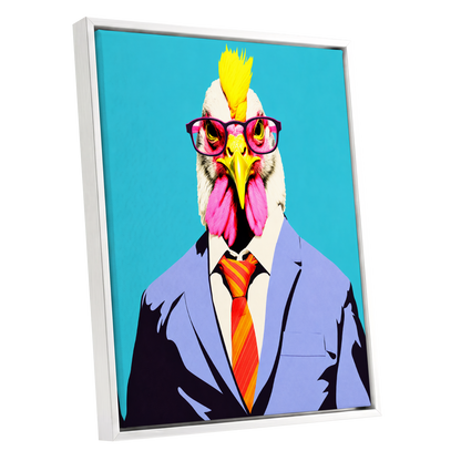The Dapper Cockerel, blue, pink, yellow nature wall art shown as a white framed canvas wall art