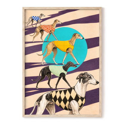 The Dapper Hound Parade, beige, purple, black abstract wall art, front artwork view