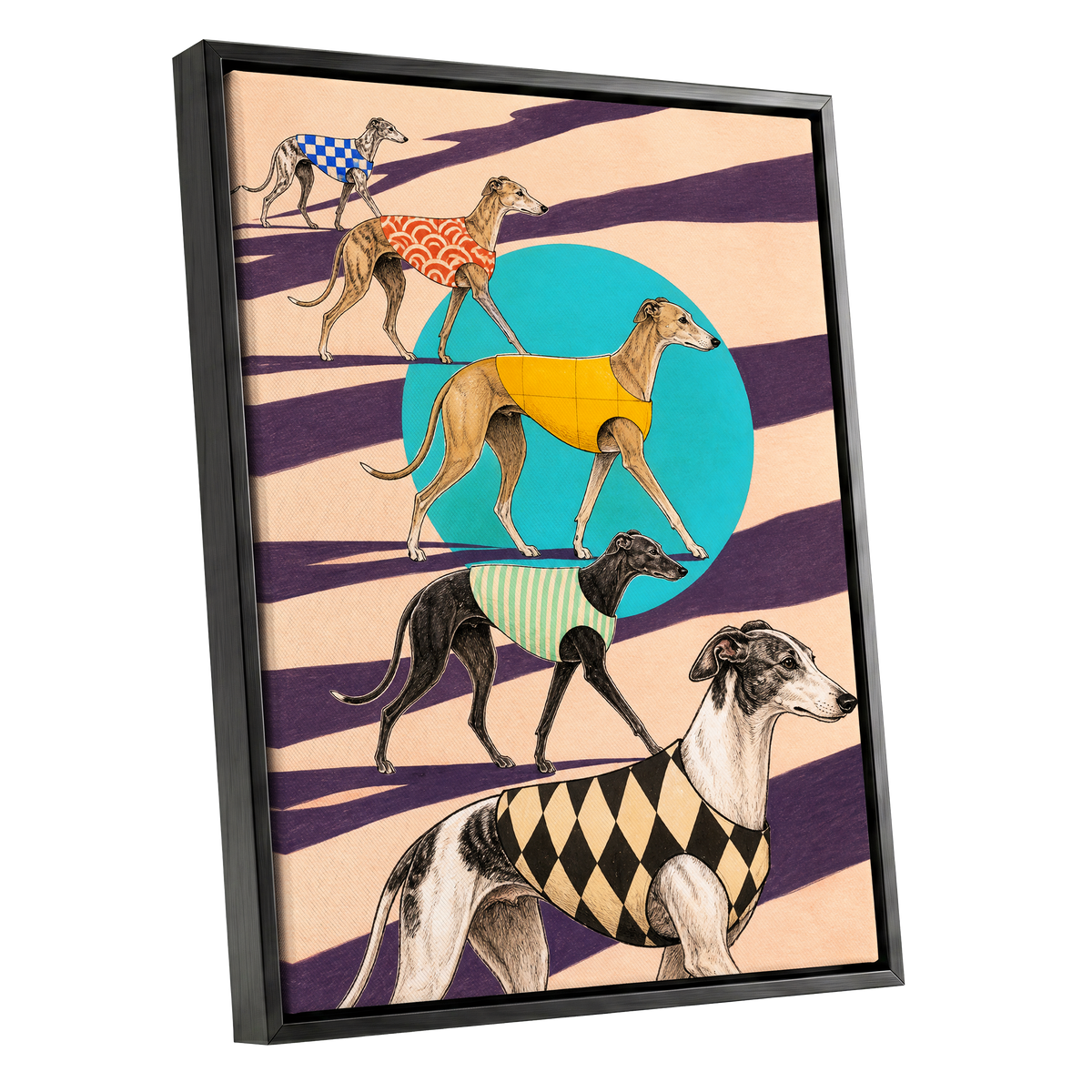The Dapper Hound Parade, beige, purple, black abstract wall art shown as a black framed canvas wall art
