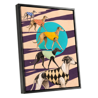 The Dapper Hound Parade, beige, purple, black abstract wall art shown as a black framed canvas wall art