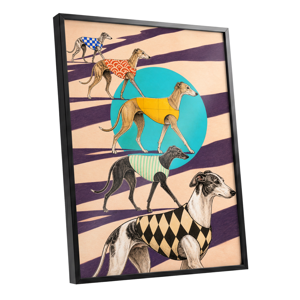 The Dapper Hound Parade, beige, purple, black abstract wall art shown as a black framed poster wall art print