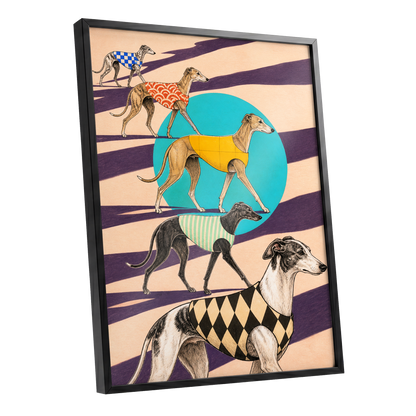 The Dapper Hound Parade, beige, purple, black abstract wall art shown as a black framed poster wall art print
