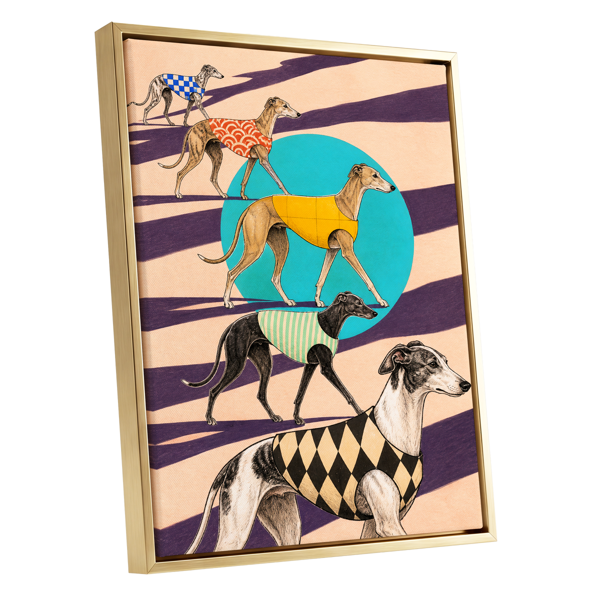 The Dapper Hound Parade, beige, purple, black abstract wall art shown as a gold framed canvas wall art