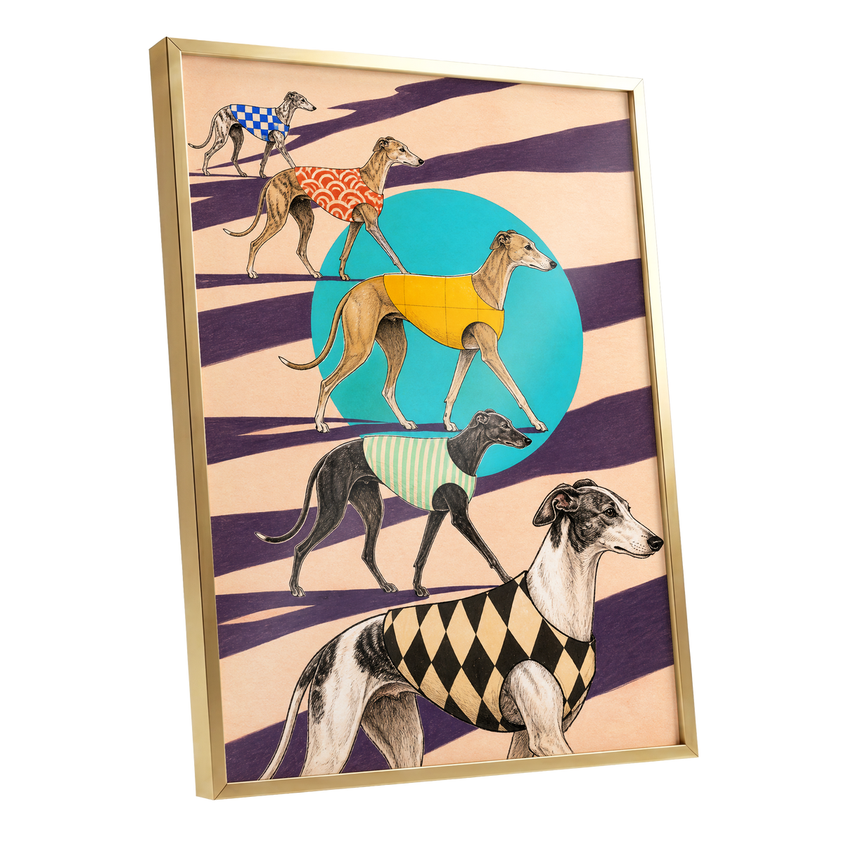 The Dapper Hound Parade, beige, purple, black abstract wall art shown as a gold framed poster wall art print