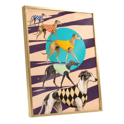 The Dapper Hound Parade, beige, purple, black abstract wall art shown as a gold framed poster wall art print