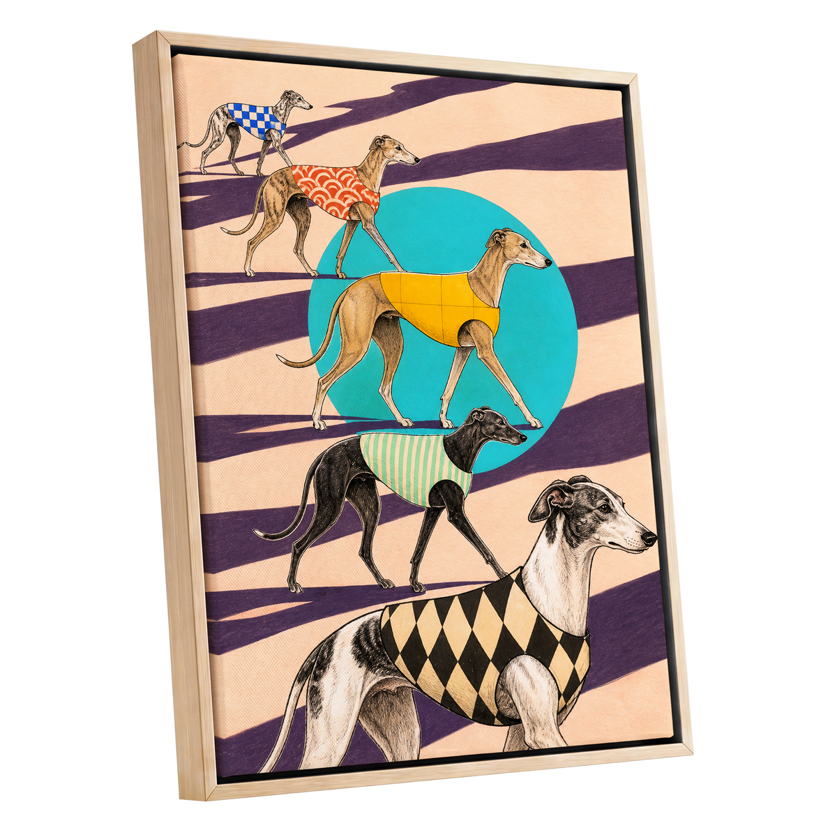 The Dapper Hound Parade, beige, purple, black abstract wall art shown as a oak framed canvas wall art