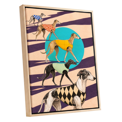 The Dapper Hound Parade, beige, purple, black abstract wall art shown as a oak framed canvas wall art