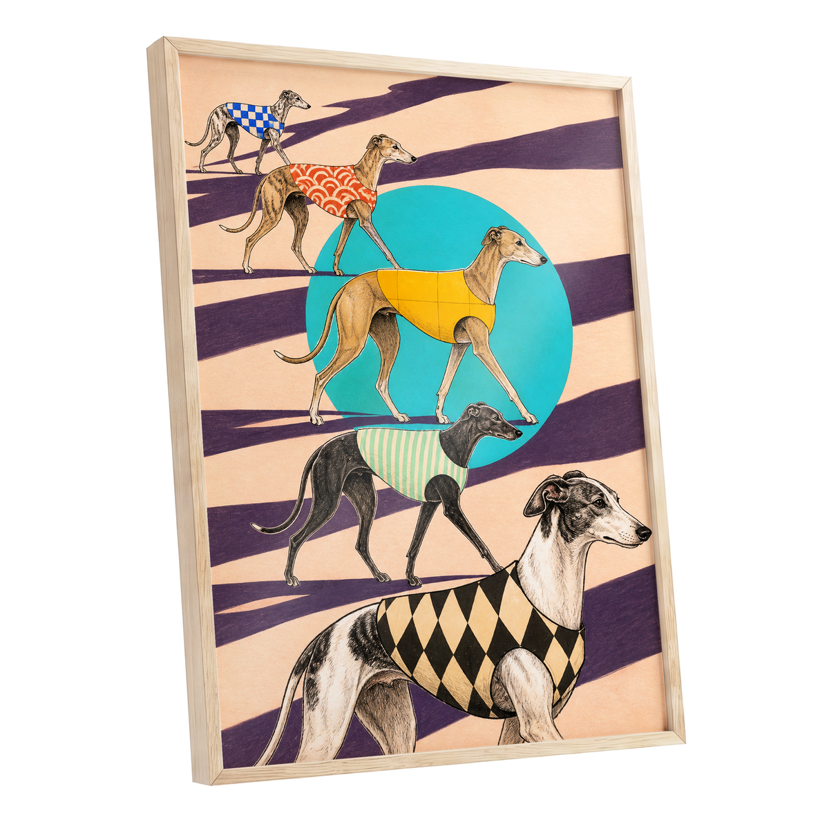 The Dapper Hound Parade, beige, purple, black abstract wall art shown as a oak framed poster wall art print