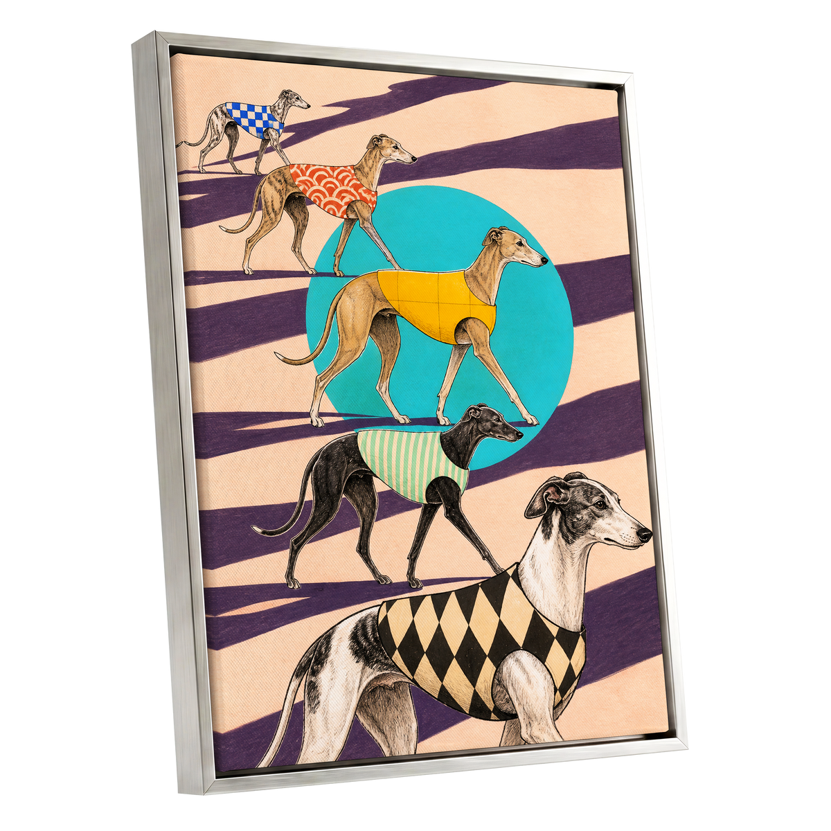 The Dapper Hound Parade, beige, purple, black abstract wall art shown as a silver framed canvas wall art