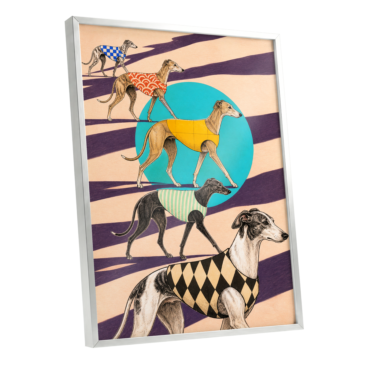 The Dapper Hound Parade, beige, purple, black abstract wall art shown as a silver framed poster wall art print