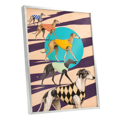 The Dapper Hound Parade, beige, purple, black abstract wall art shown as a silver framed poster wall art print