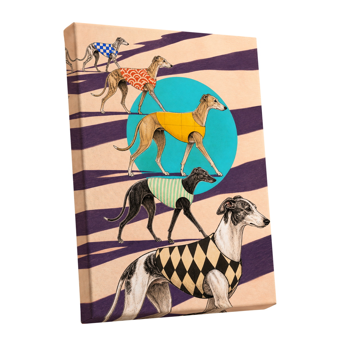 The Dapper Hound Parade, beige, purple, black abstract wall art shown as a stretched canvas wall art