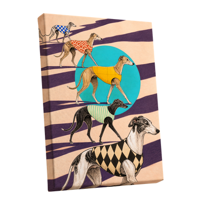 The Dapper Hound Parade, beige, purple, black abstract wall art shown as a stretched canvas wall art