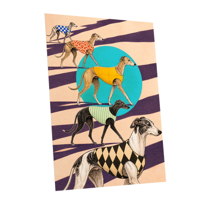 The Dapper Hound Parade, beige, purple, black abstract wall art shown as a unframed poster wall art print