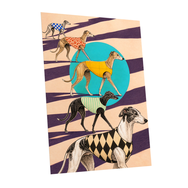 The Dapper Hound Parade, beige, purple, black abstract wall art shown as a unframed poster wall art print