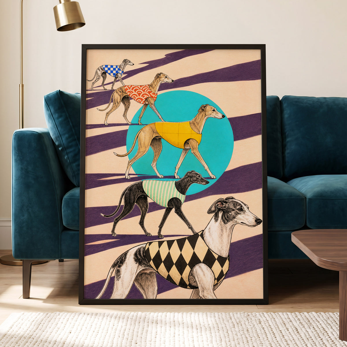 The Dapper Hound Parade, beige, purple, black abstract wall art displayed in a styled interior, gallery view 2